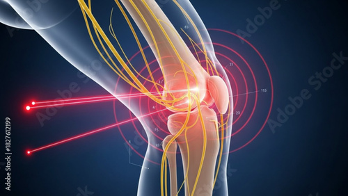 Human knee joint anatomy with nerves and red laser beams targeting the joint for medical treatment