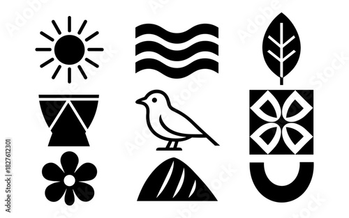 Minimalist nature shapes: icons of sun, water, bird, drum, and plant elements