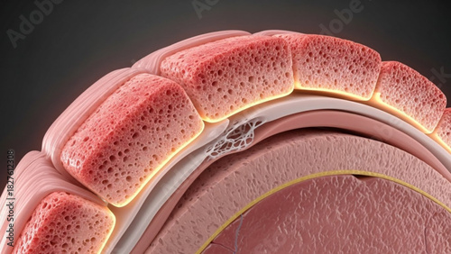 Close up view of layered anatomical structure with porous surface in pink and white tones