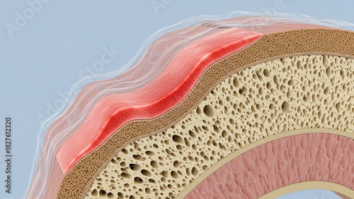 Illustration of the layers of tissue including skin, bone and red membrane in detail view
