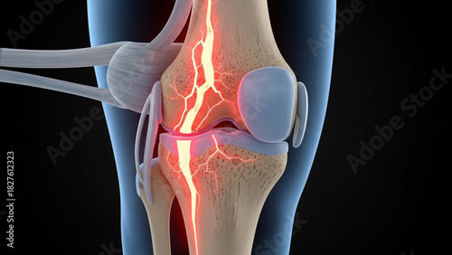 Illustration of a knee joint with visible bones ligaments and highlighted pain areas in red color tone