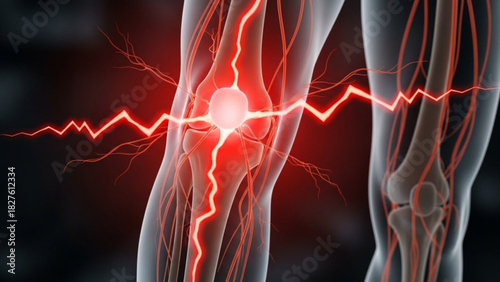 Illustration of a knee joint with red nerve pathways and a lightning bolt effect indicating pain