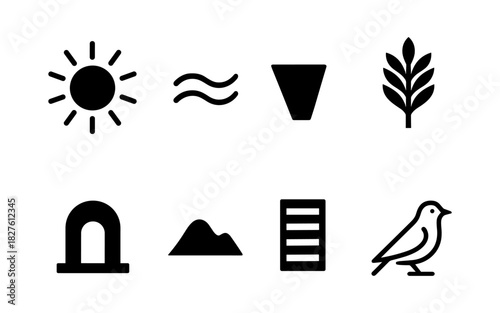 Minimalist icon set featuring nature elements and geometric shapes