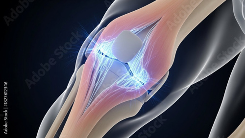 Anatomical knee joint illustration showcasing ligaments and cartilage with a dark background view