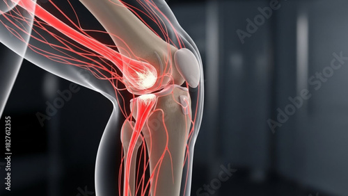 Anatomical view of a human knee joint with visible ligaments and blood vessels highlighted in red color