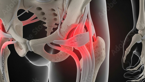 Detailed anatomical view of the hip and thigh bones with associated ligaments highlighted in red color