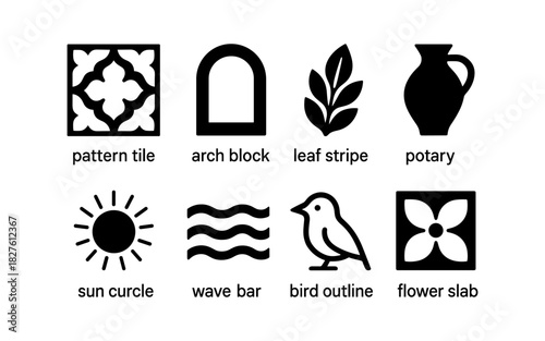Minimalist black icon set featuring nature and architecture elements