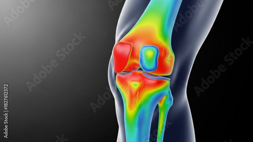 Anatomical rendering of a human knee joint with heat map showing temperature and bone structure in detail