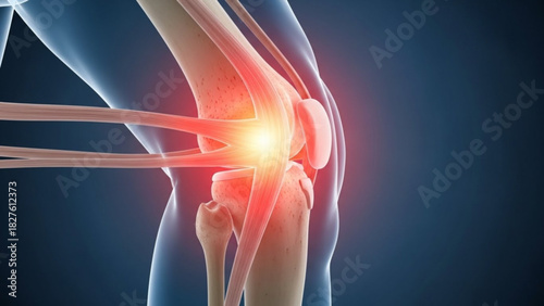 Illustration of a human knee joint with ligaments and bones highlighted in red and glowing light source
