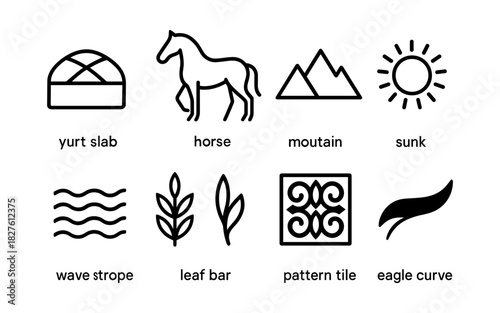 Minimalist icons: yurt, horse, mountain, sun, wave, leaf, pattern, eagle