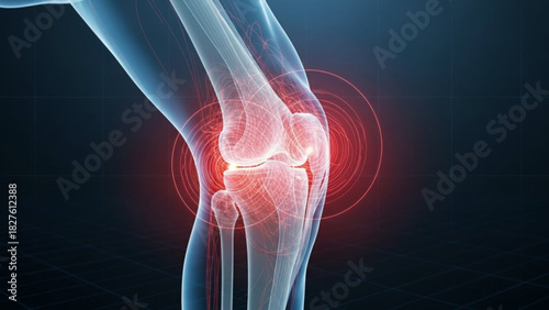 Anatomical knee joint illustration with red circles indicating pain and inflammation on a dark background