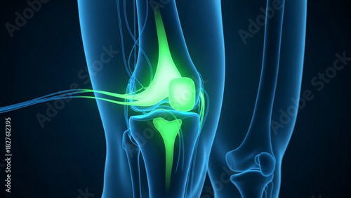 Anatomical illustration of a human knee joint showcasing bones and ligaments in a blue hue with green accents
