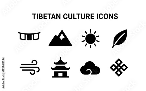 Tibetan culture icons set with monochrome silhouette style