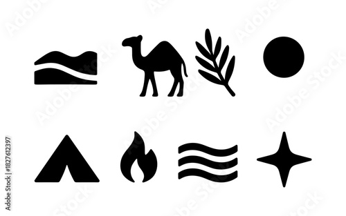 Desert adventure icons: silhouette style featuring camel, tent, and nature elements