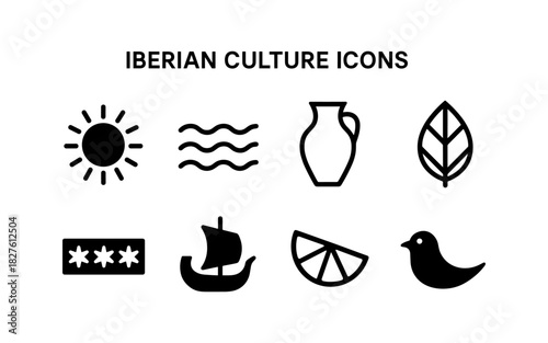 Iberian culture icons: minimalist symbols of sun, nature, and heritage