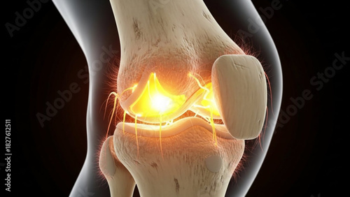 Anatomical illustration showcasing the knee joint with ligaments and bones in detailed view and bright glow