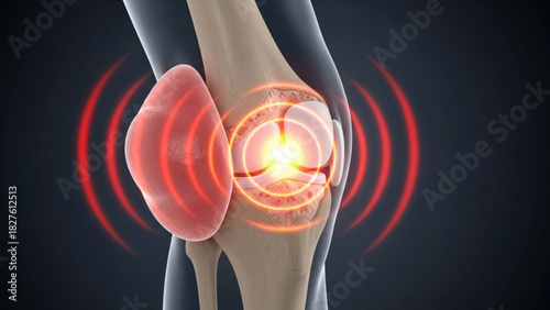 Illustration of a knee joint with pain signals radiating from the knee and swelling on the side