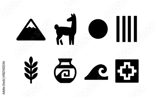 Icon set featuring inca symbols with llama, mountain, sun, and traditional patterns