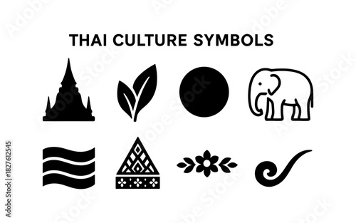 Iconic symbols of thai culture: silhouettes of temples, elephants, and traditional patterns