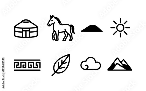Minimalist symbols of nomadic life: yurt, horse, nature elements in monochrome style