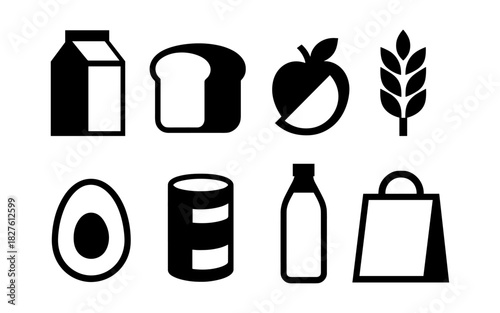 Minimalist black and white food and grocery icons set