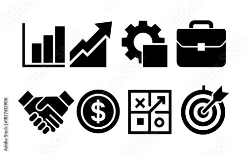 Business icons set: growth, strategy, finance, and more in bold silhouette style