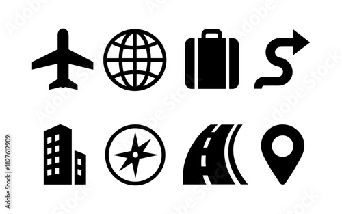 Travel icon set featuring airplane, globe, luggage, and navigation symbols