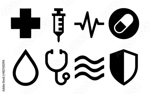 Medical icons set: health symbols including cross, stethoscope, and shield in black silhouette