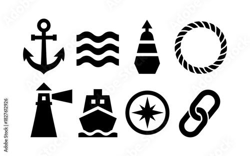 Nautical silhouettes: anchor, buoy, lighthouse, and more black icons