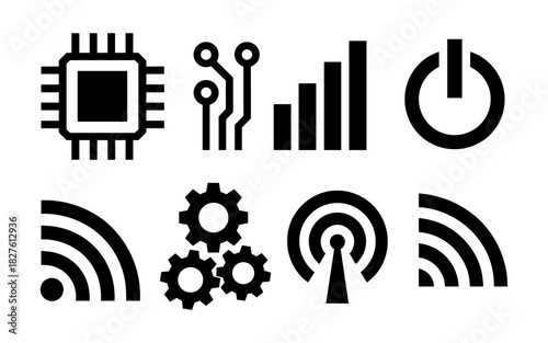 Minimalist technology icons set with circuit, signal, and power symbols