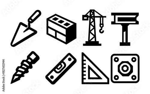 Building tools and construction icons set in bold outline style