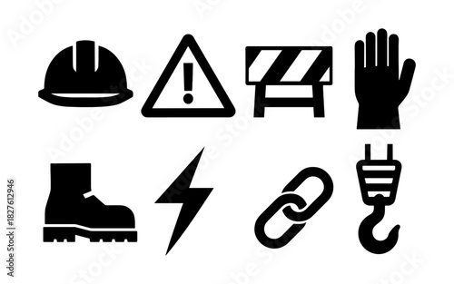 Safety equipment and warning icons set: construction and hazard symbols in silhouette style