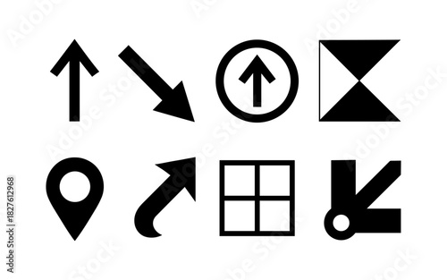 Black geometric arrow and locator icon set in minimalist style
