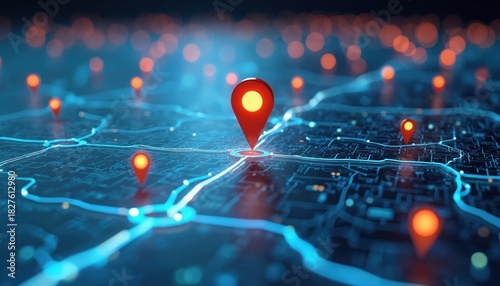 A red location pin marks a destination on a digital map. GPS navigation system shows network route and points. Concept of local search optimization, client targeting and lead generation for business.