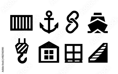 Minimalist nautical and industrial icons set with maritime elements