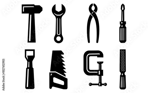 Set of silhouette hand tools icons: hammer, wrench, pliers, and more