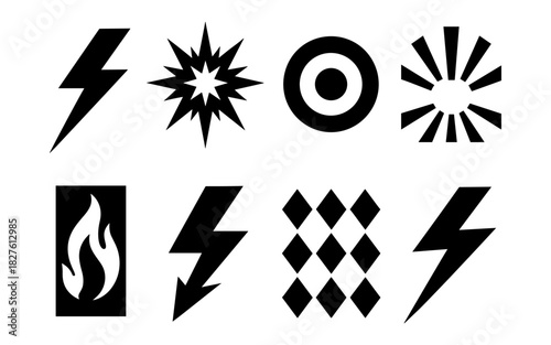 Bold silhouette icon set: lightning, target, fire, and geometric patterns