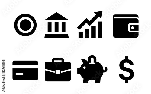 Silhouette business icons: finance, growth, wallet, and bank symbols