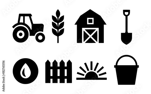 Silhouette farm elements: tractor, barn, and tools for agricultural themes