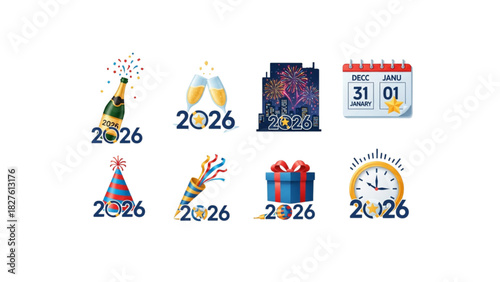 2026 new year celebration icons set