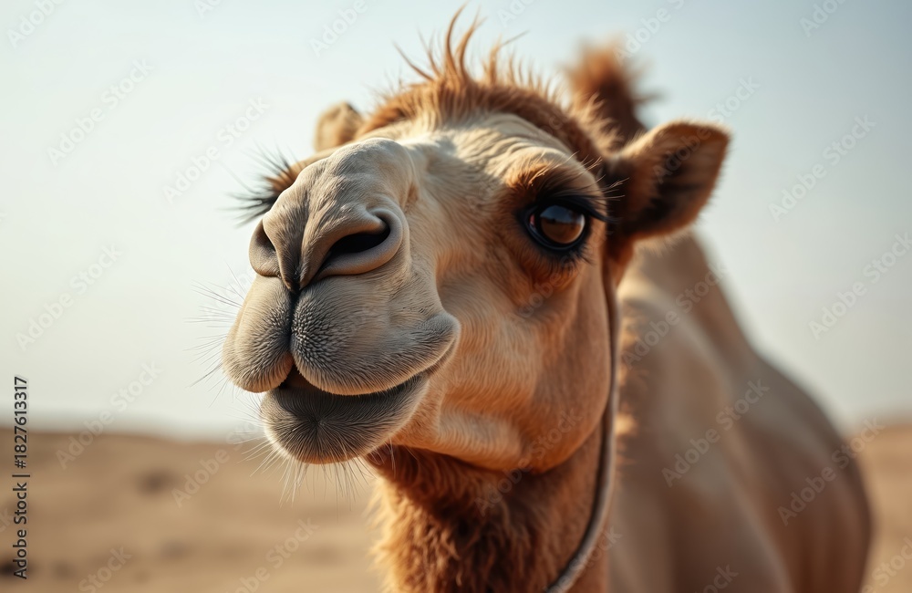 Fototapeta premium Close-up face of a dromedary camel in a desert landscape. The camel has distinctive eyelashes and large brown eyes. Its nose and mouth are prominent features against a blurred sandy background.