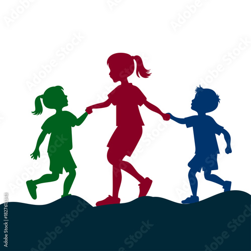 Children playing outside silhouette of three children in different colors flat vector illustration
