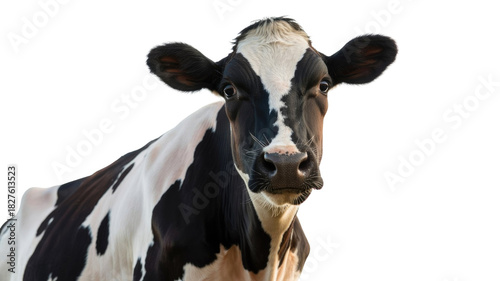 A close-up portrait of a curious black and white Holstein cow looking directly at the viewer with a solid transparent background. background removed