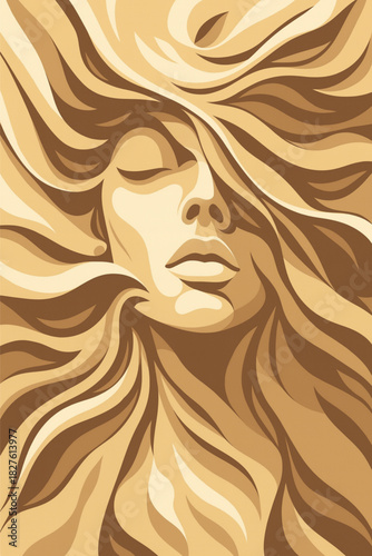Abstract Vector Portrait of a Beautiful Woman with Flowing Golden Hair: Ethereal Beauty, Wellness, and Organic Flowing Shapes in Warm, Earthy Tones.