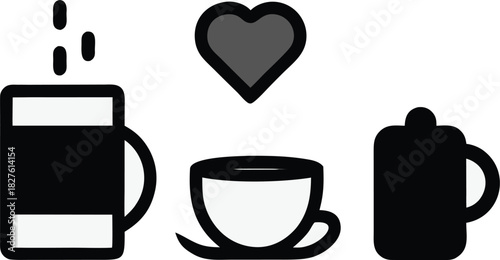 Vector illustration of tea and coffee icons including teacup mug with heart scalable eps