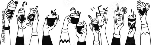 Christmas Fair Hot Drinks Doodle Cute Hands Up in Ugly Sweaters Holding Winter Warm Beverages