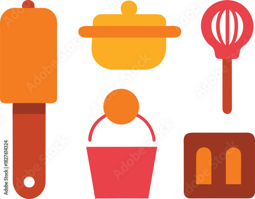 Vector baking icons set rolling pin whisk cookie cutter kitchen tools illustration scalable