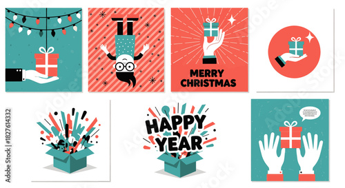 A vibrant collection of festive holiday and new year illustrations, featuring gift exchanges, celebratory explosions, and cheerful greetings in a modern graphic style