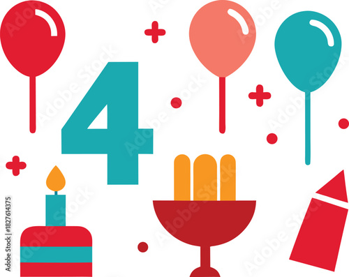 Vector celebration icons number four balloons confetti and cake for festive occasions