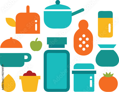 Cute home kitchen icons vector collection jars utensils food storage scalable eps